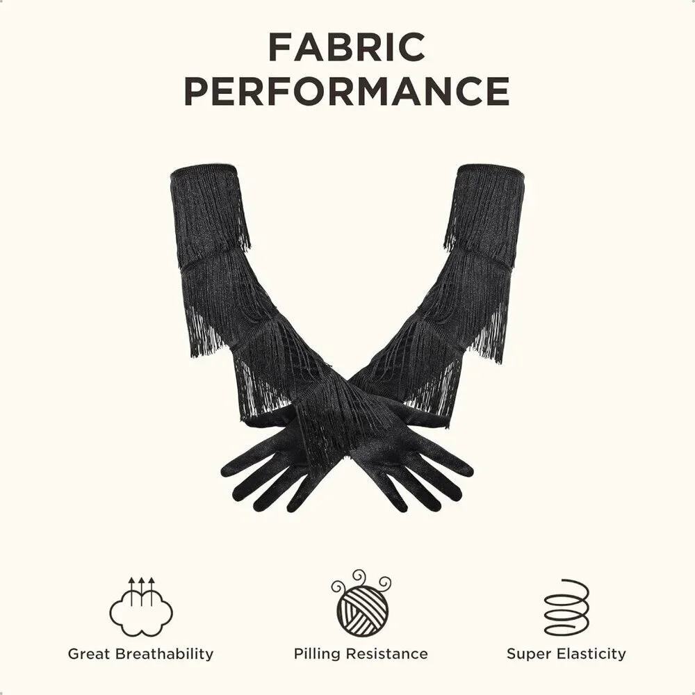 Women's Vintage Satin Fringe Long Black Gloves Elbow Length Party Accessories